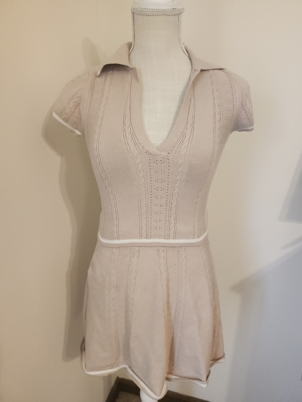 Pink Rose Beige Collared Knit Top And Skirt Set